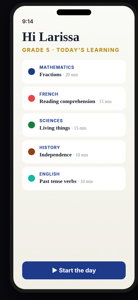Child screen with today's lessons